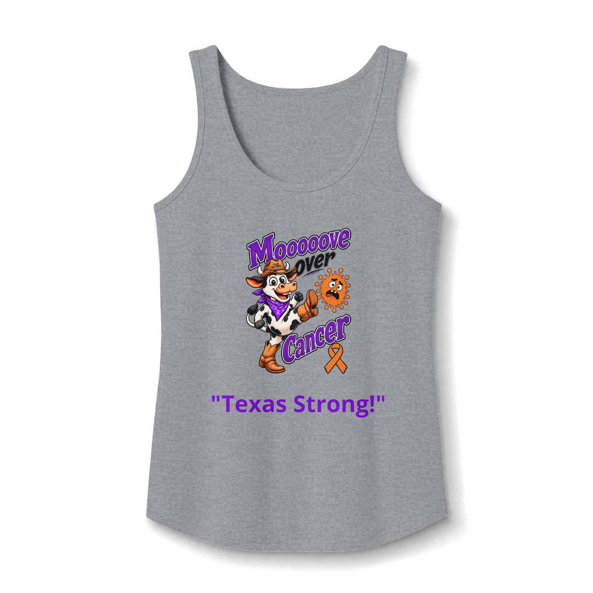 Moooove Over Cancer Texas Strong tank top with Leukemia/Kidney Cancer awareness ribbon, heather gray front