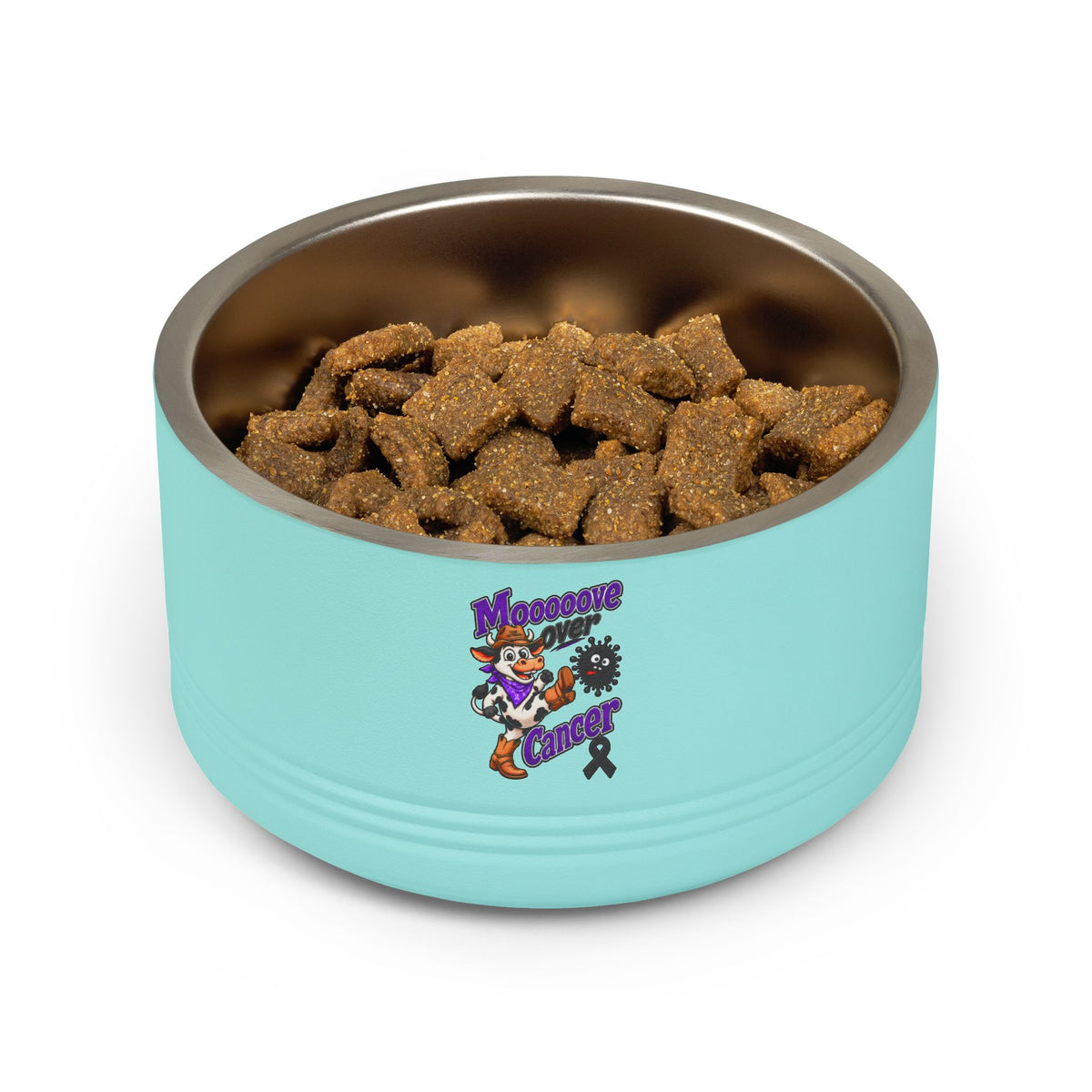 Turquoise Mooove Over Cancer pet bowl filled with dry food