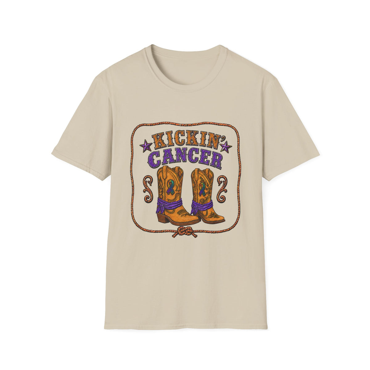 Sand-colored Kickin' Cancer T-shirt with cowboy boot graphic and Western lettering