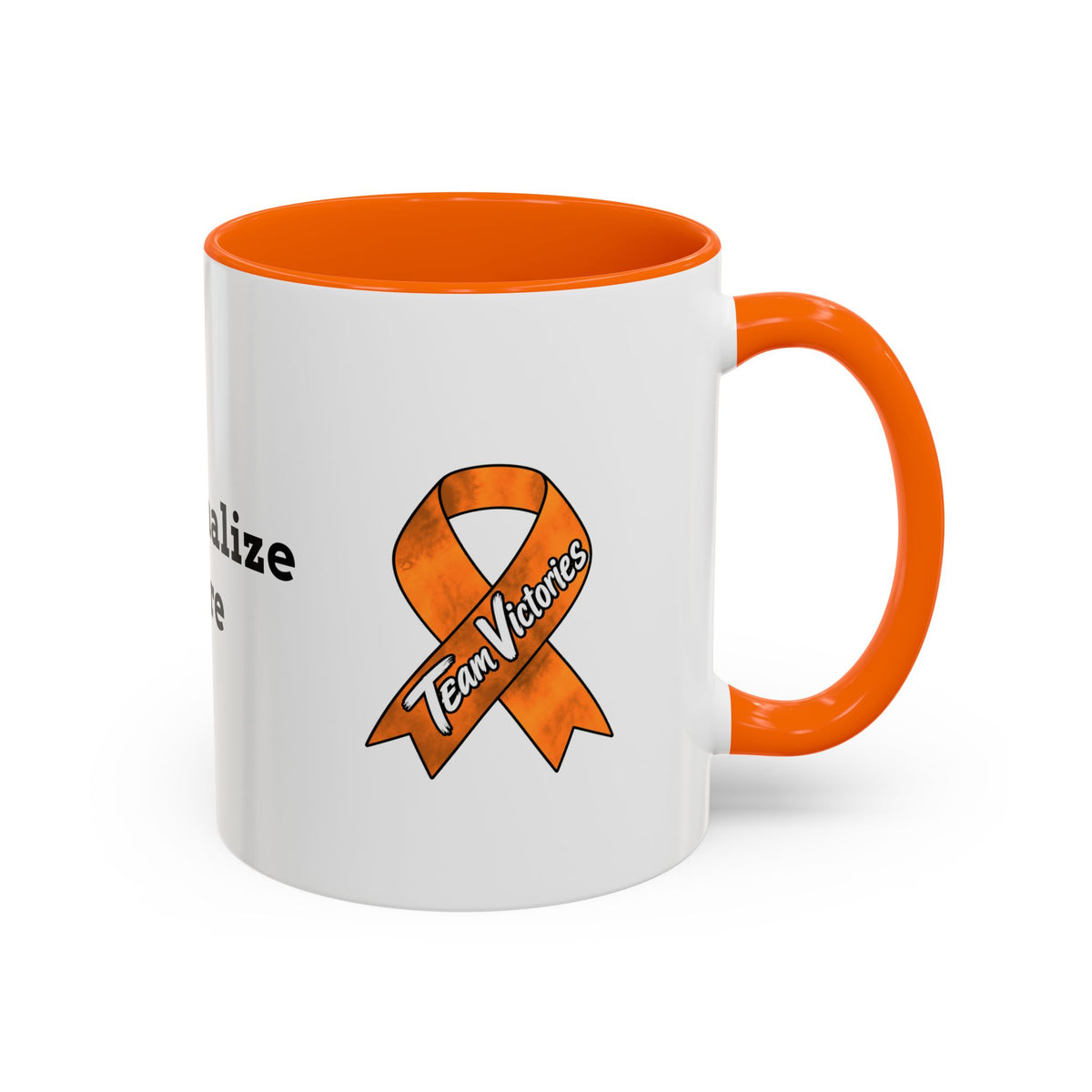 Moooove Over Cancer mug showing Team Victories Leukemia/Kidney Cancer awareness ribbon with yellow accents