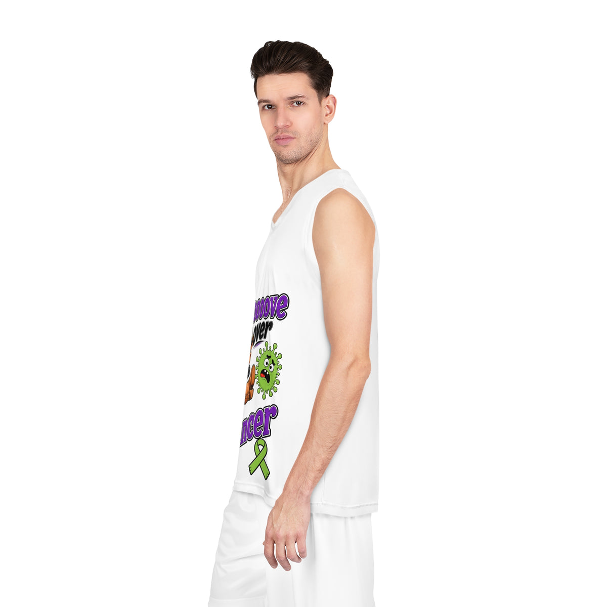 Side view of the Moooove Over Cancer white basketball jersey with green ribbon design