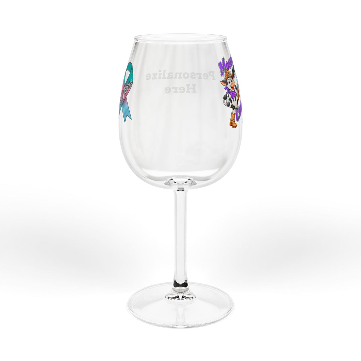 Side view of the Moooove Over Cancer artwork and ribbon on a wine glass