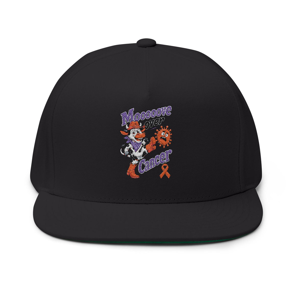 Moooove Over Cancer black flat bill cap with orange ribbon artwork