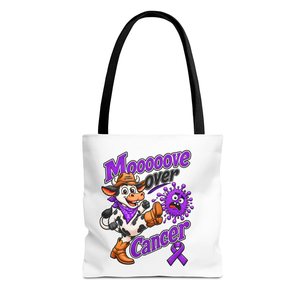 Moooove Over Cancer polyester tote with cow artwork and purple Pancreatic Cancer awareness ribbon