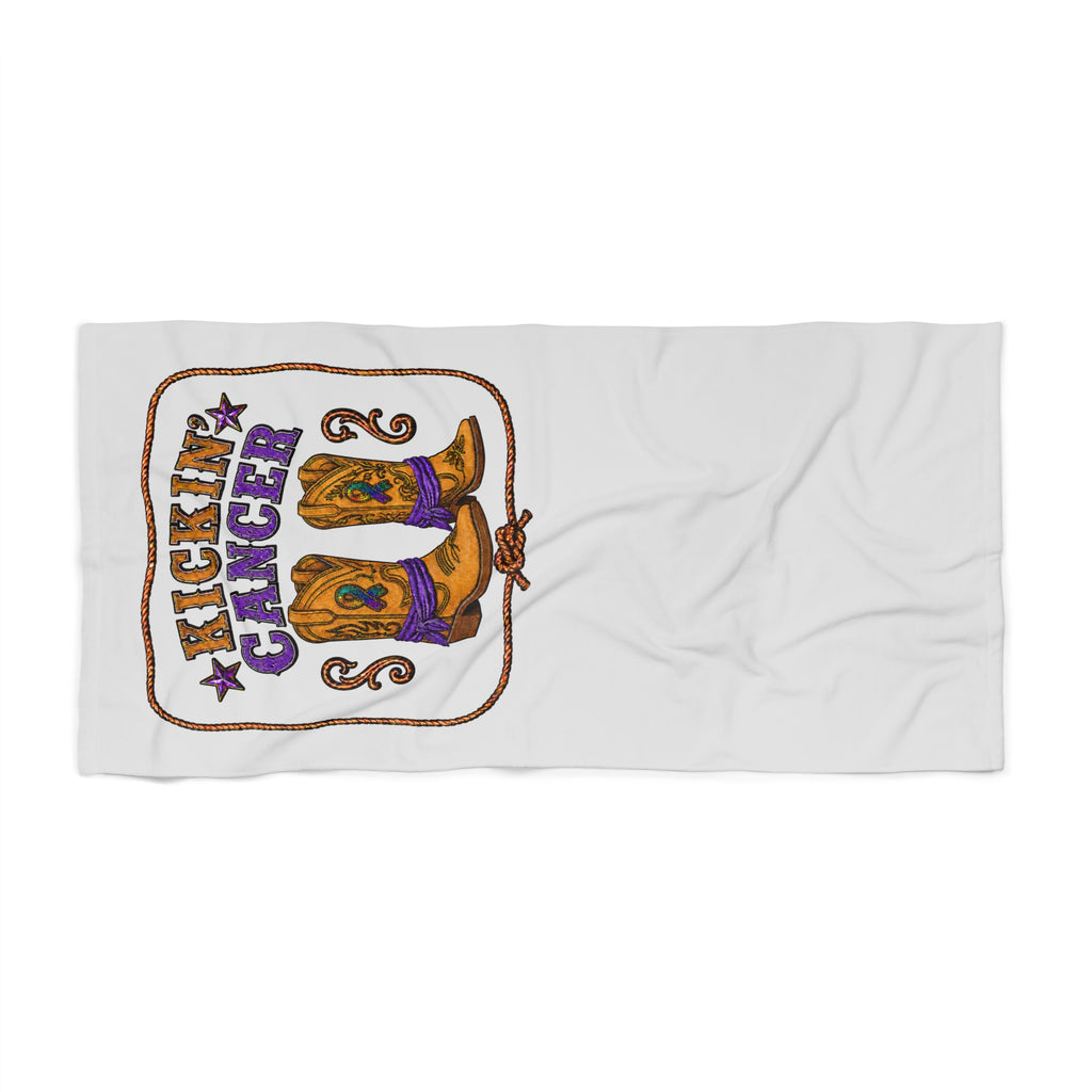 Flat view of Kickin' Cancer beach towel showing western boot artwork