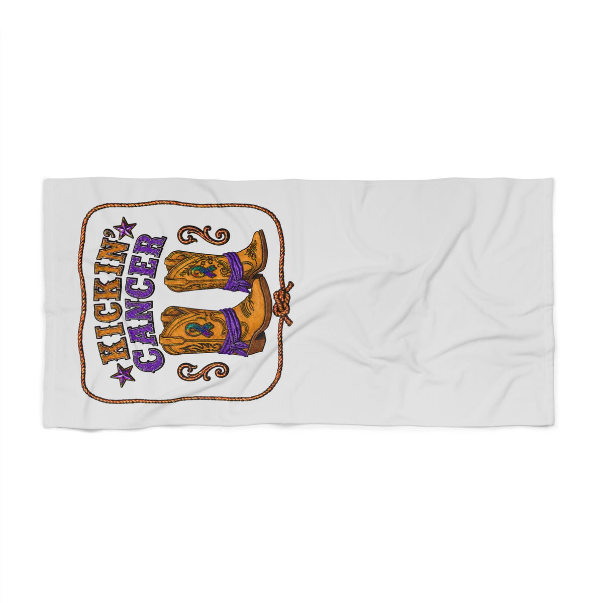 Flat view of Kickin' Cancer beach towel showing western boot artwork