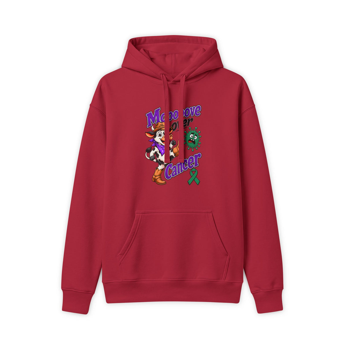 Moooove Over Cancer hoodie with green Liver Cancer awareness ribbon, front view in red