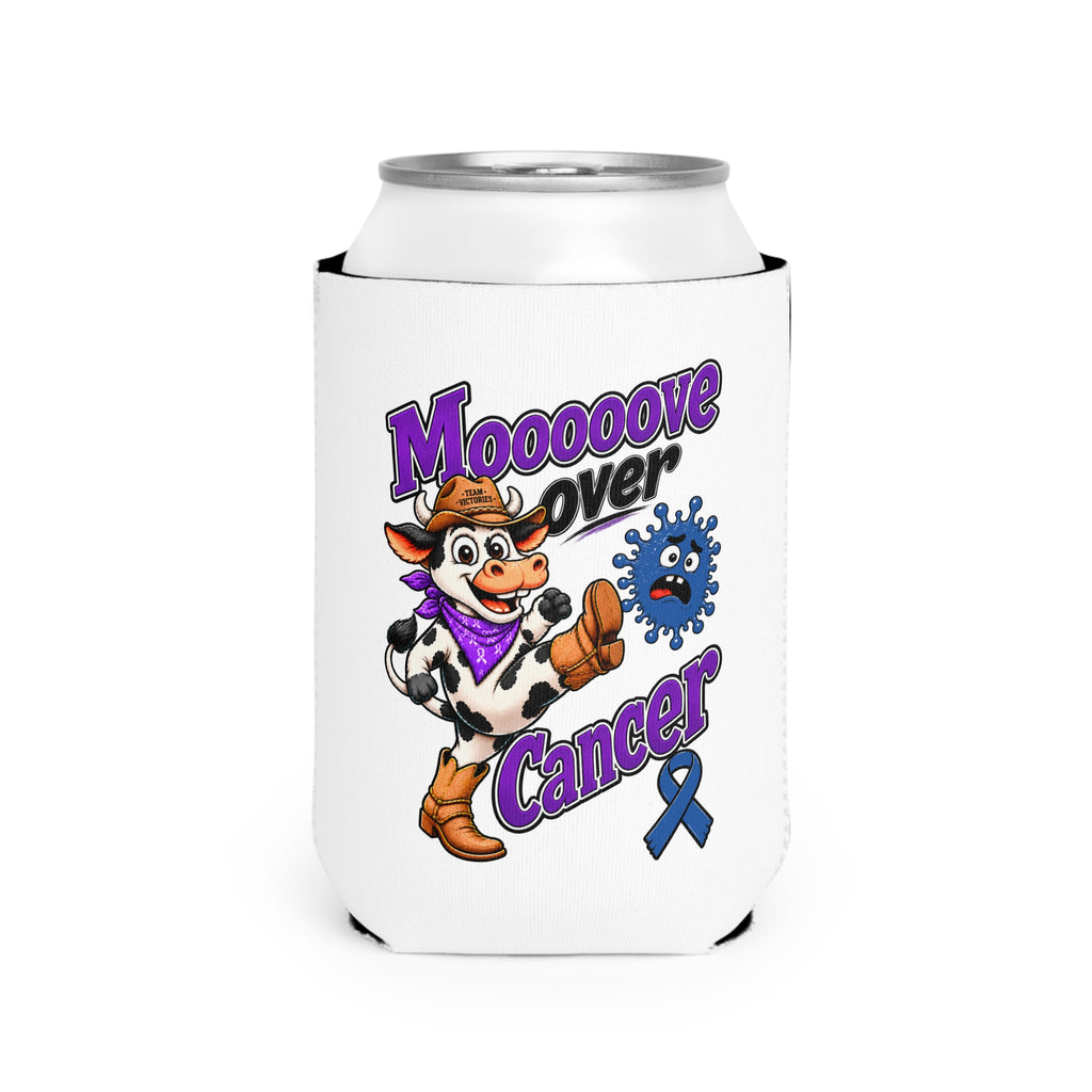 Moooove Over Cancer neoprene can cooler fitted around a standard 12 oz can