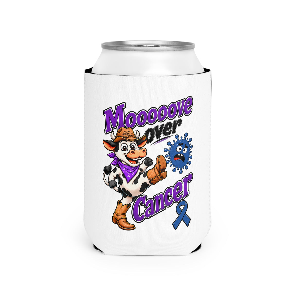 Moooove Over Cancer neoprene can cooler fitted around a standard 12 oz can