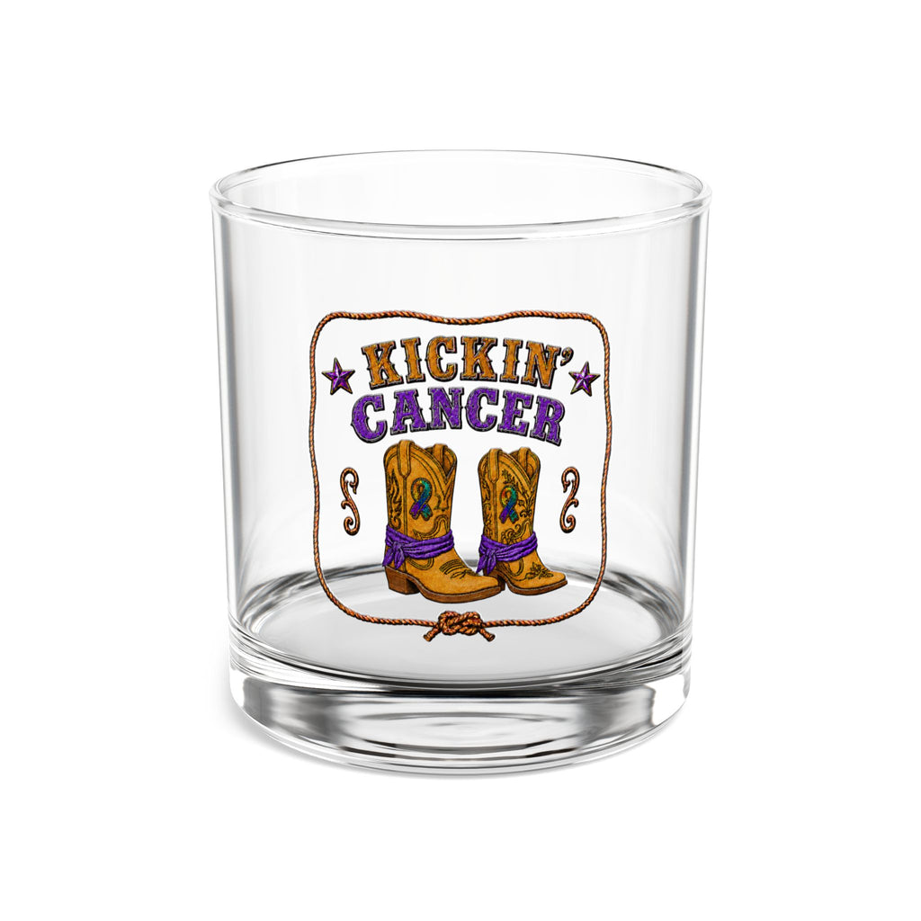 Clear Kickin’ Cancer 10 oz tumbler with colorful western boots artwork