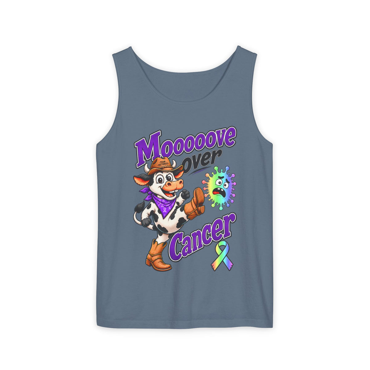 Blue Moooove Over Cancer tank top with cowgirl design and all-cancer awareness ribbon