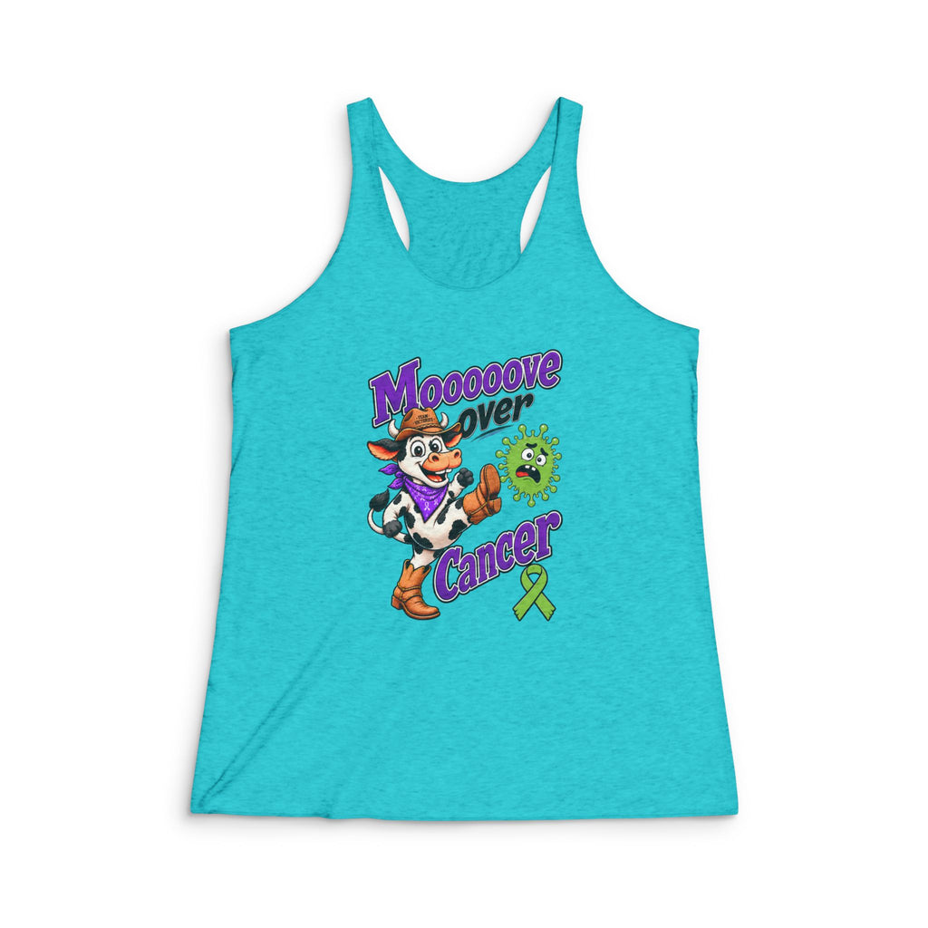 Moooove Over Cancer racerback tank top with a lime Non-Hodgkin/Lymphoma Cancer awareness ribbon in turquoise