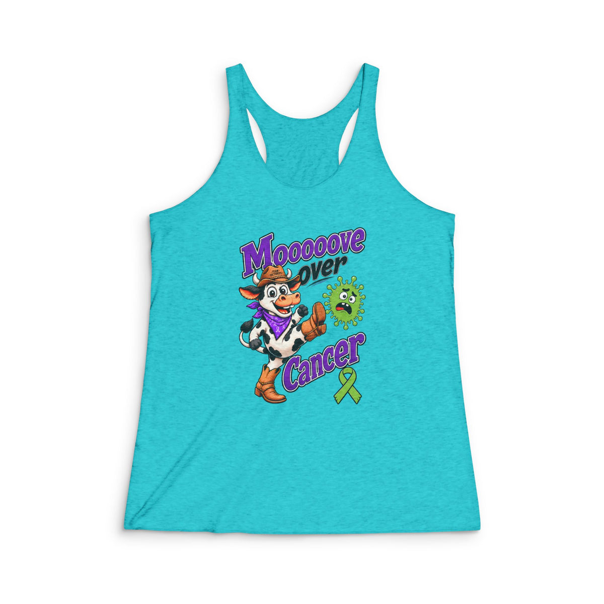 Moooove Over Cancer racerback tank top with a lime Non-Hodgkin/Lymphoma Cancer awareness ribbon in turquoise