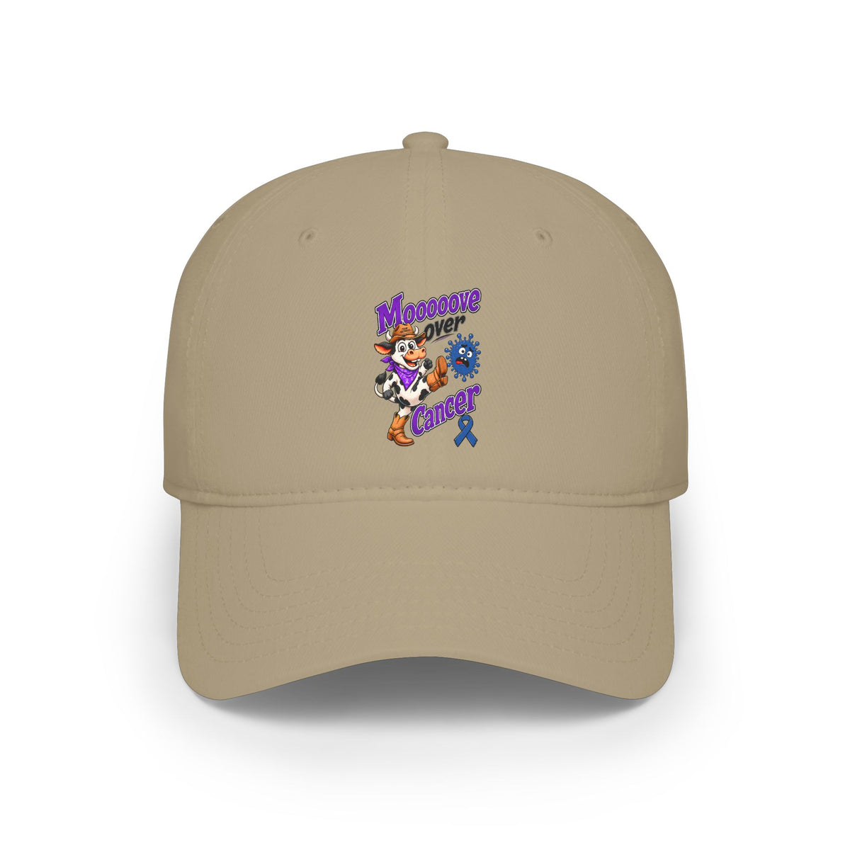 Khaki Moooove Over Cancer low-profile baseball hat with colorful front artwork
