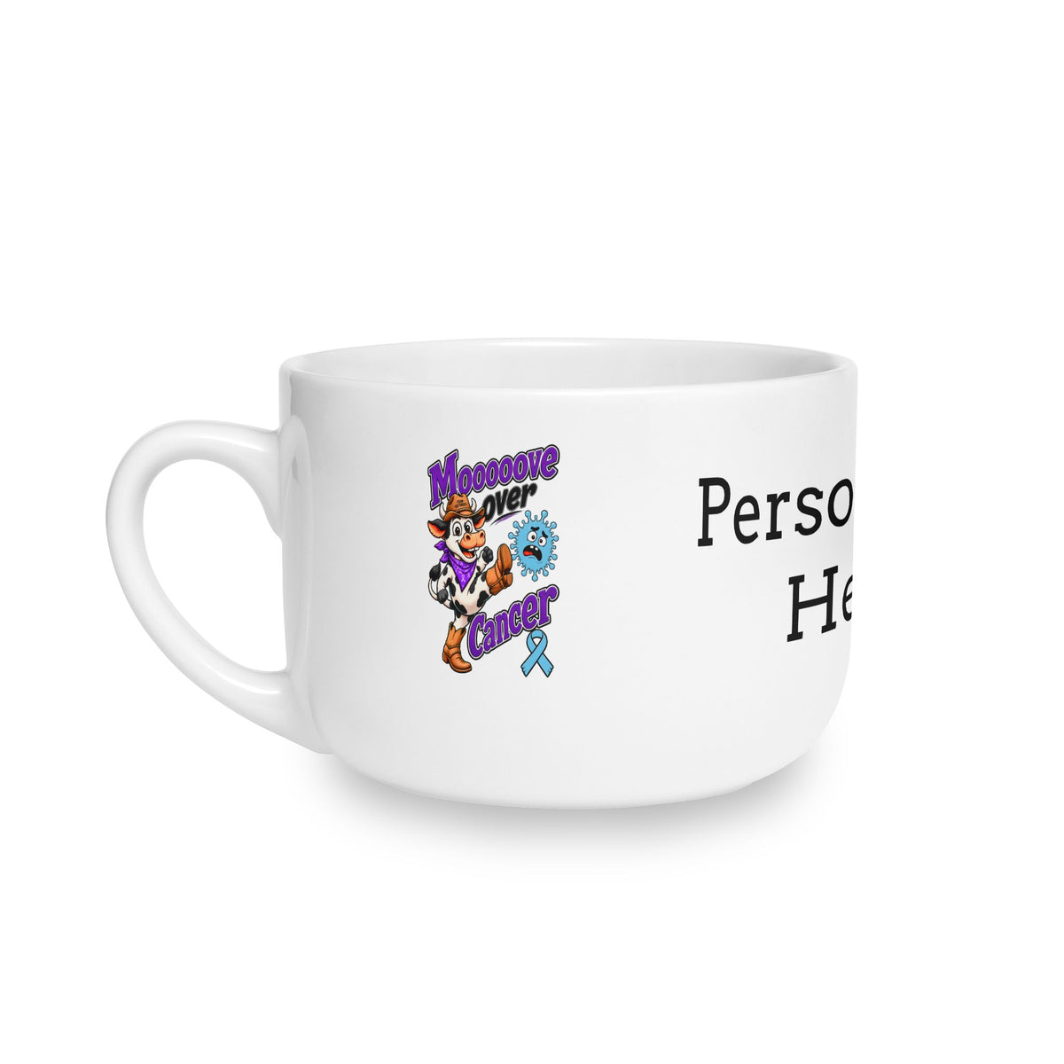 Moooove Over Cancer 25 oz personalized latte mug with Prostate Cancer awareness ribbon and C-handle