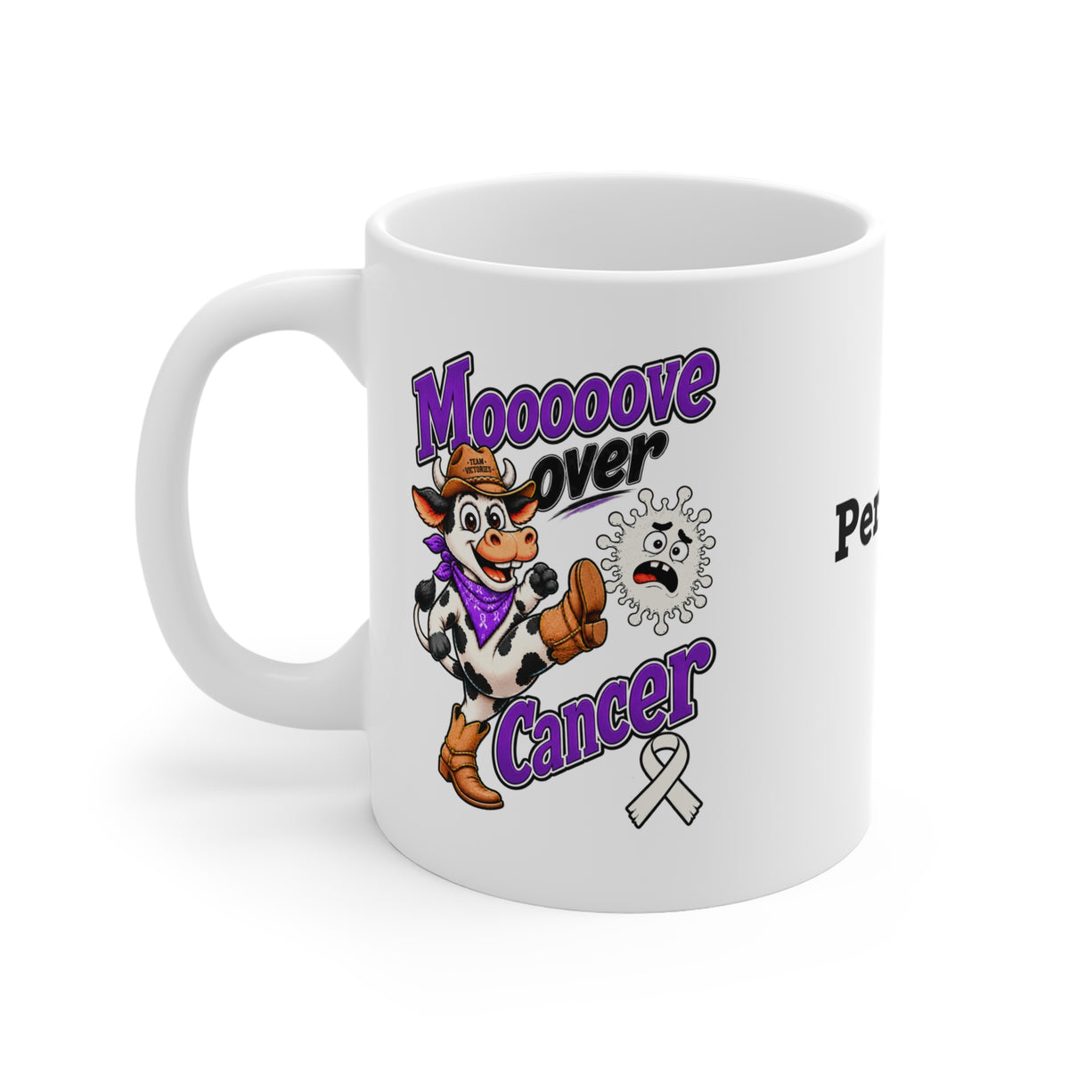 Moooove Over Cancer mug with cowboy artwork and a Lung Cancer awareness ribbon