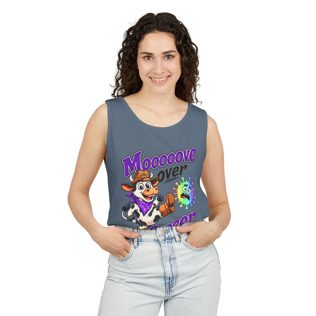 Man wearing light gray Moooove Over Cancer tank top with awareness ribbon