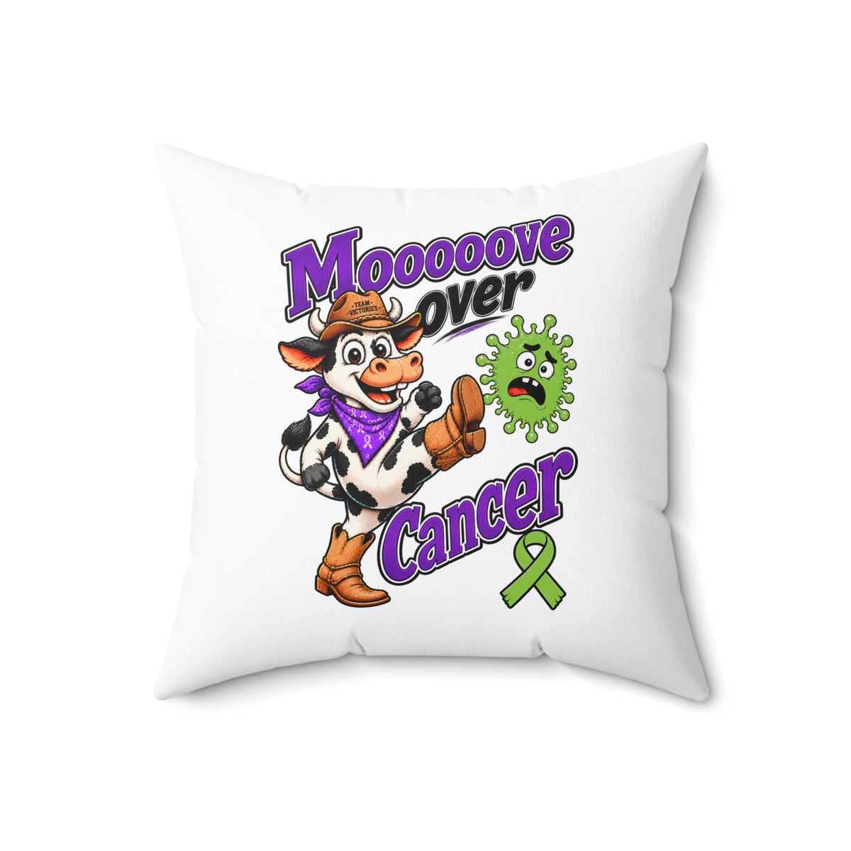 Moooove Over Cancer pillow with playful cow artwork and a Non-Hodgkin/Lymphoma Cancer awareness ribbon