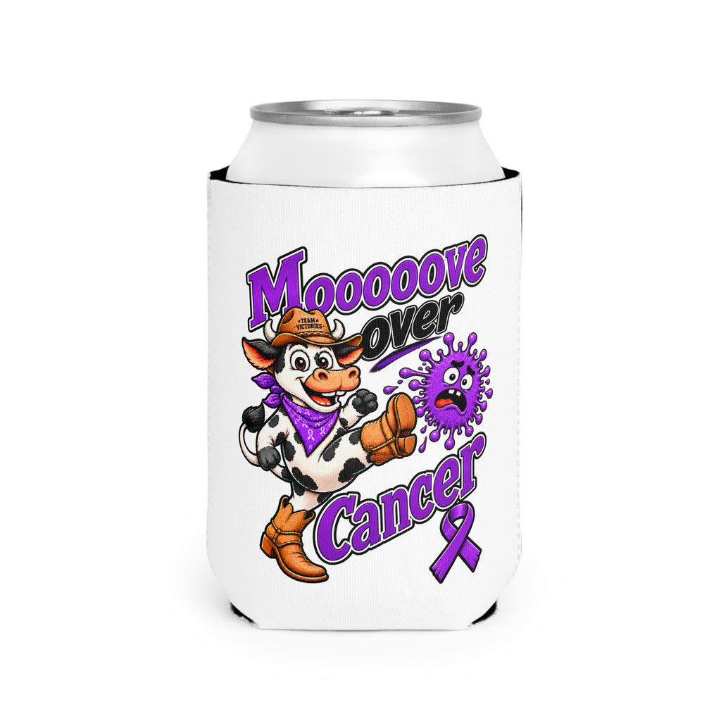 Moooove Over Cancer neoprene can cooler sleeve fitted around a standard can