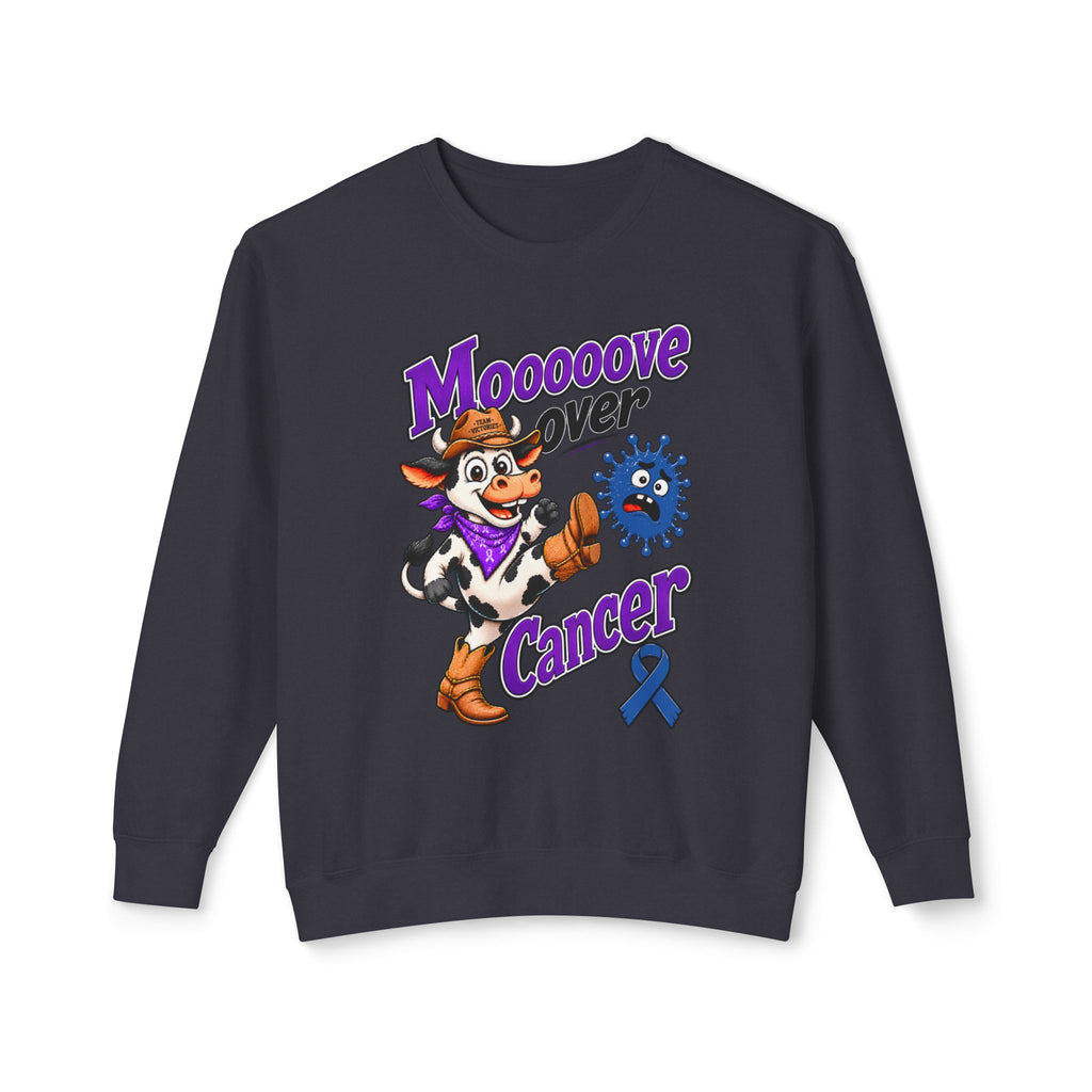 Moooove Over Cancer sweatshirt with cow graphic and Colon Cancer awareness ribbon in pink
