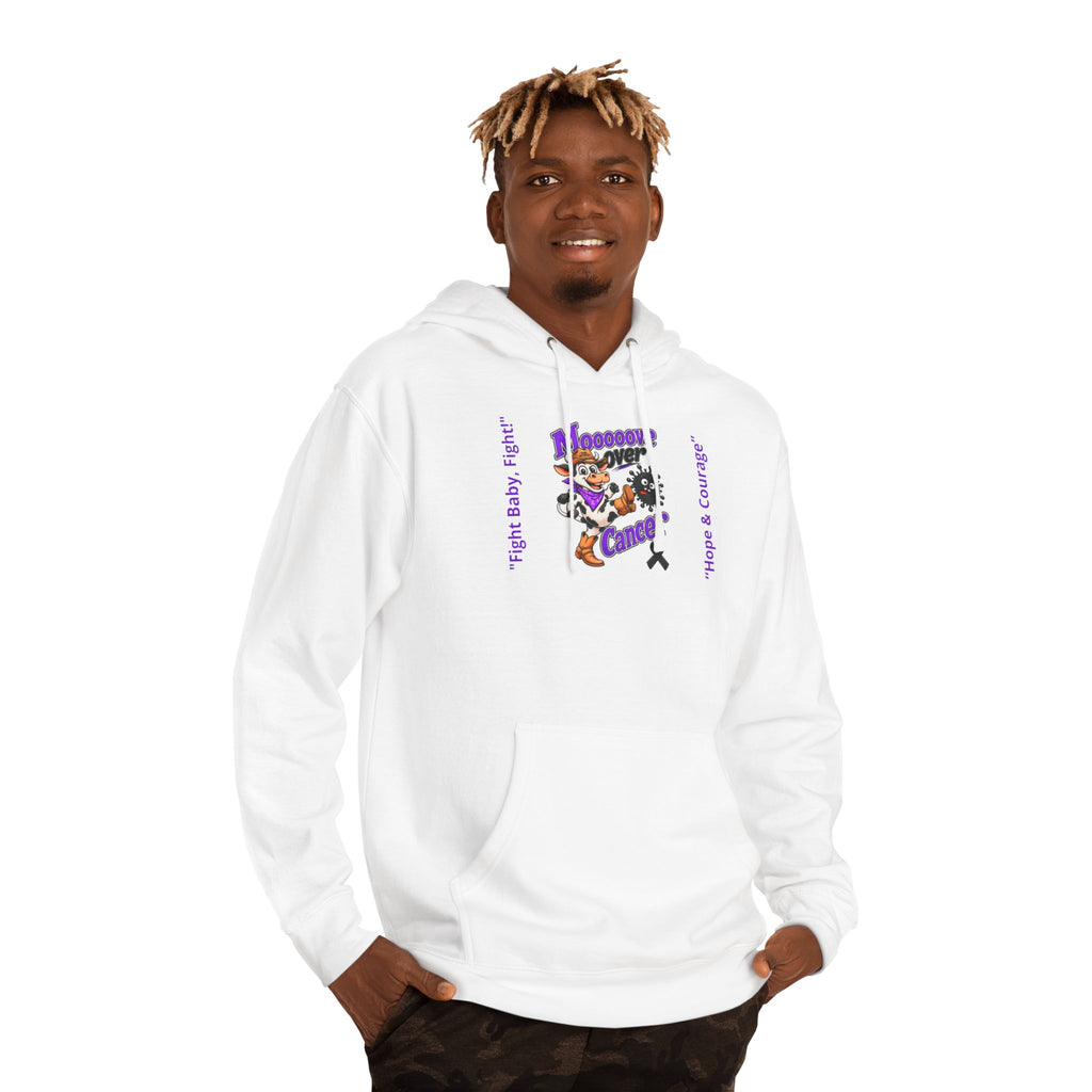 Model wearing the white Moooove Over Cancer personalized hoodie