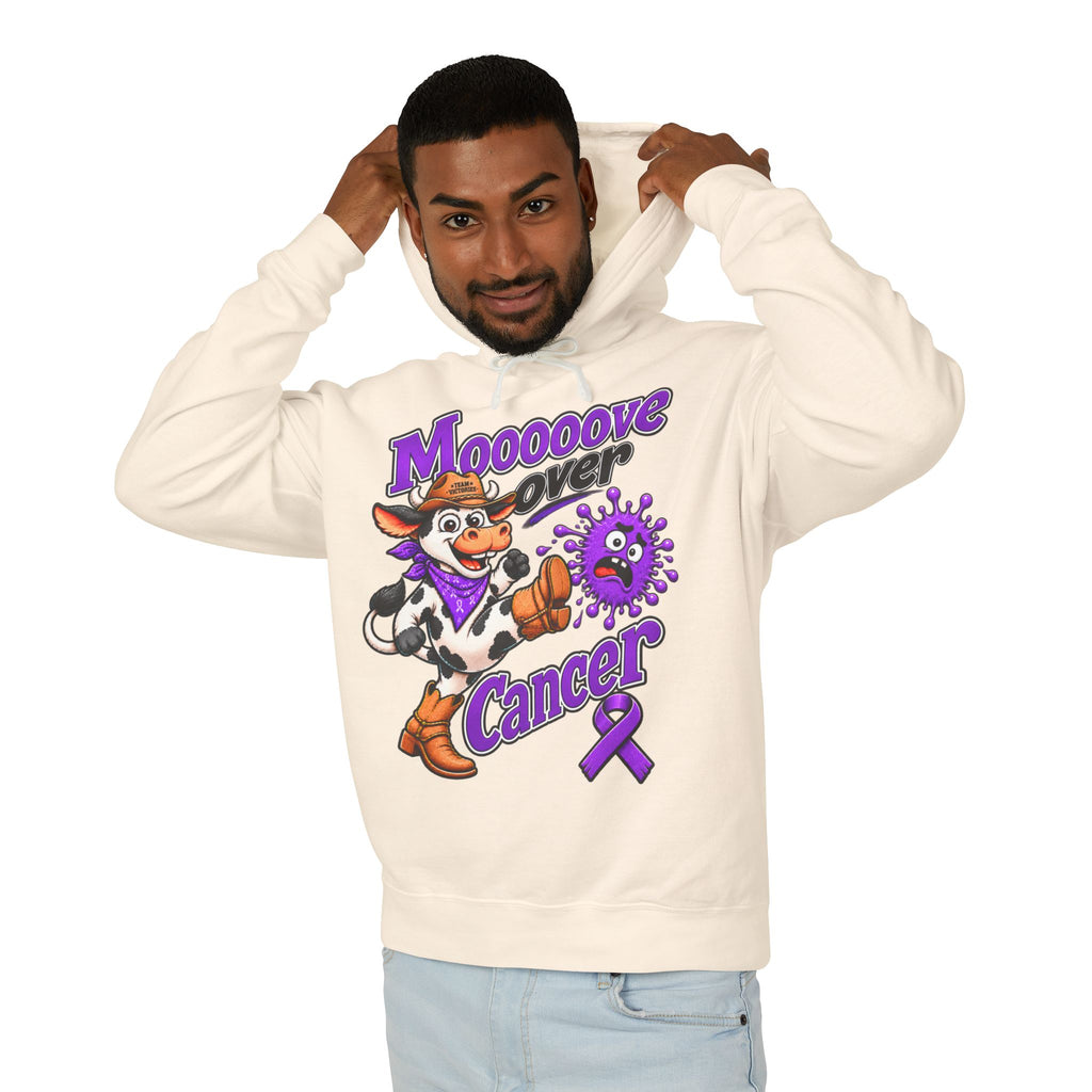 Woman modeling the Moooove Over Cancer hoodie with Pancreatic Cancer awareness ribbon artwork