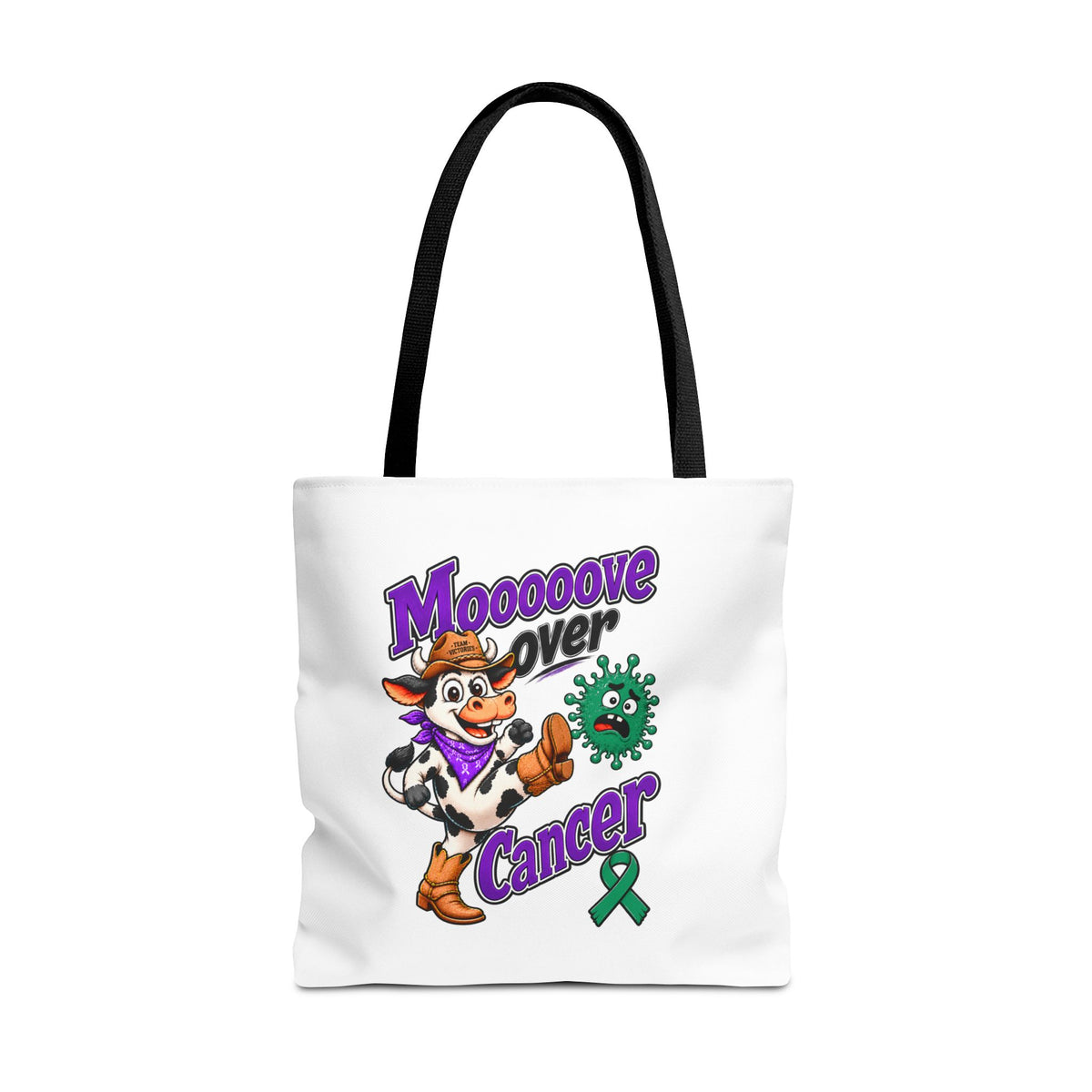 Model carrying a Moooove Over Cancer tote with a Liver Cancer awareness ribbon