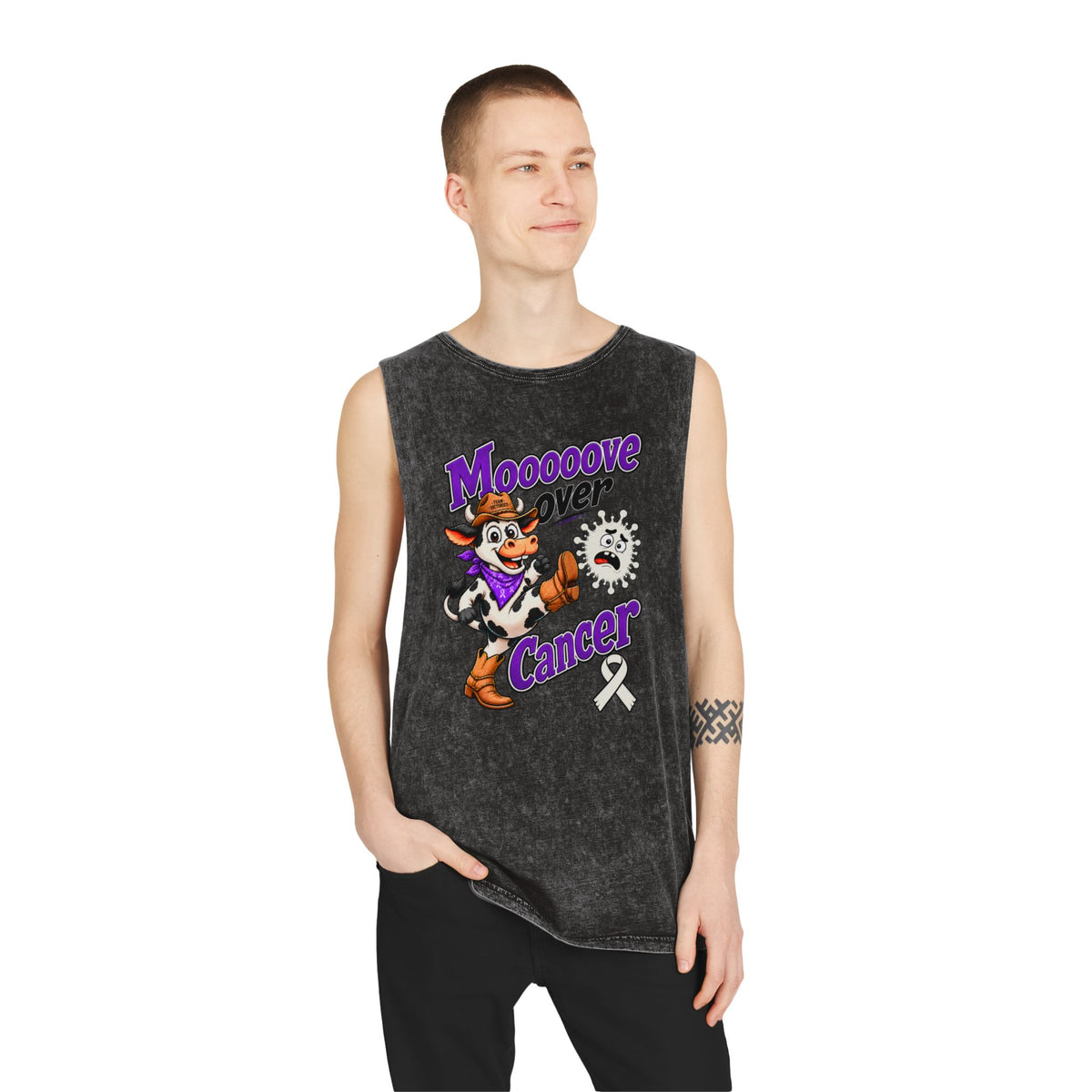 Model wearing Moooove Over Cancer Lung Cancer awareness tank top, front view