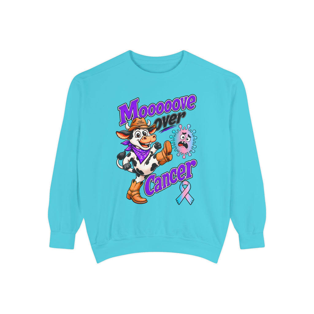 Bright turquoise Moooove Over Cancer crewneck sweatshirt with cow graphic and awareness ribbon