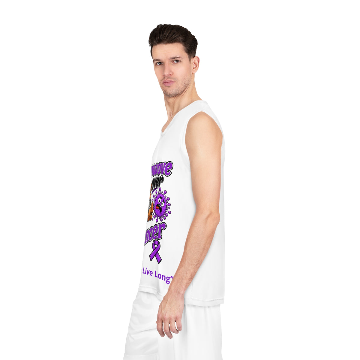 Side view of the white Moooove Over Cancer basketball jersey on a model