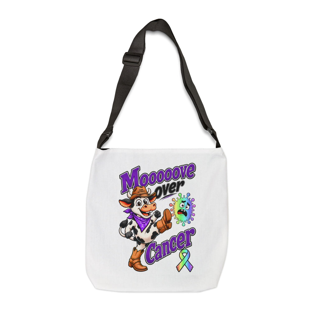 Moooove Over Cancer shoulder tote bag with colorful cow artwork and awareness ribbon