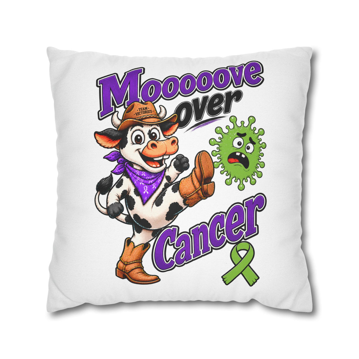 Close view of Moooove Over Cancer Team Victories pillow cover with cow design