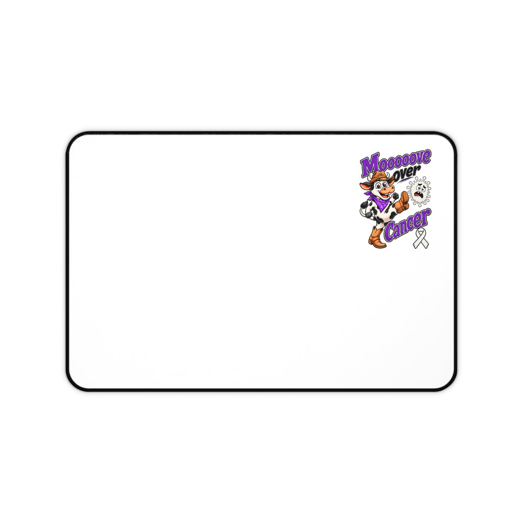 Moooove Over Cancer desk mat with Lung Cancer awareness ribbon artwork on a white surface