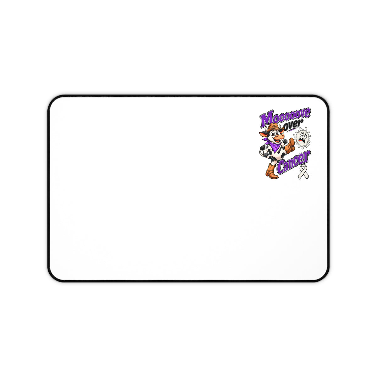 Moooove Over Cancer desk mat with Lung Cancer awareness ribbon artwork on a white surface