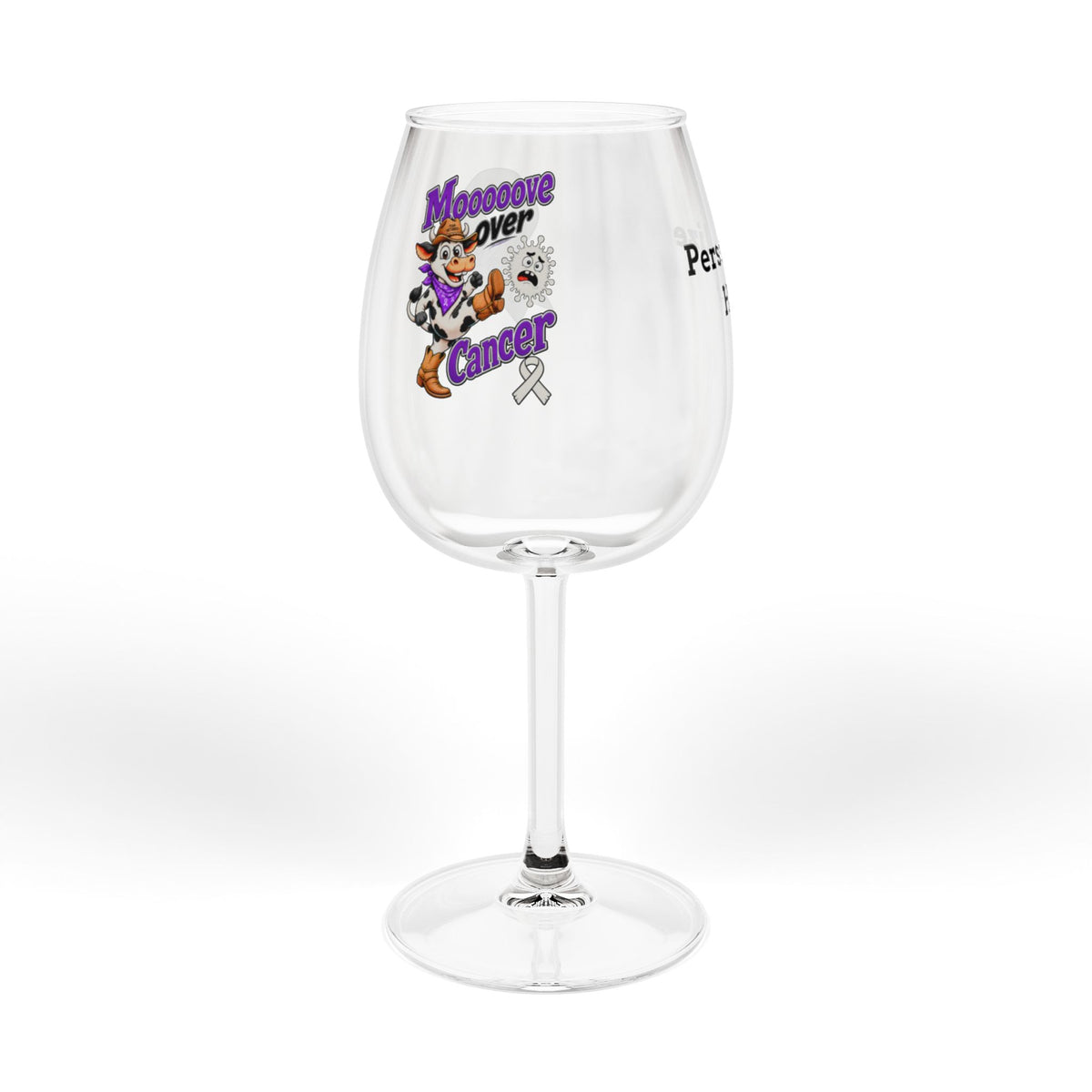 Moooove Over Cancer wine glass with colorful cow artwork and cancer-awareness design
