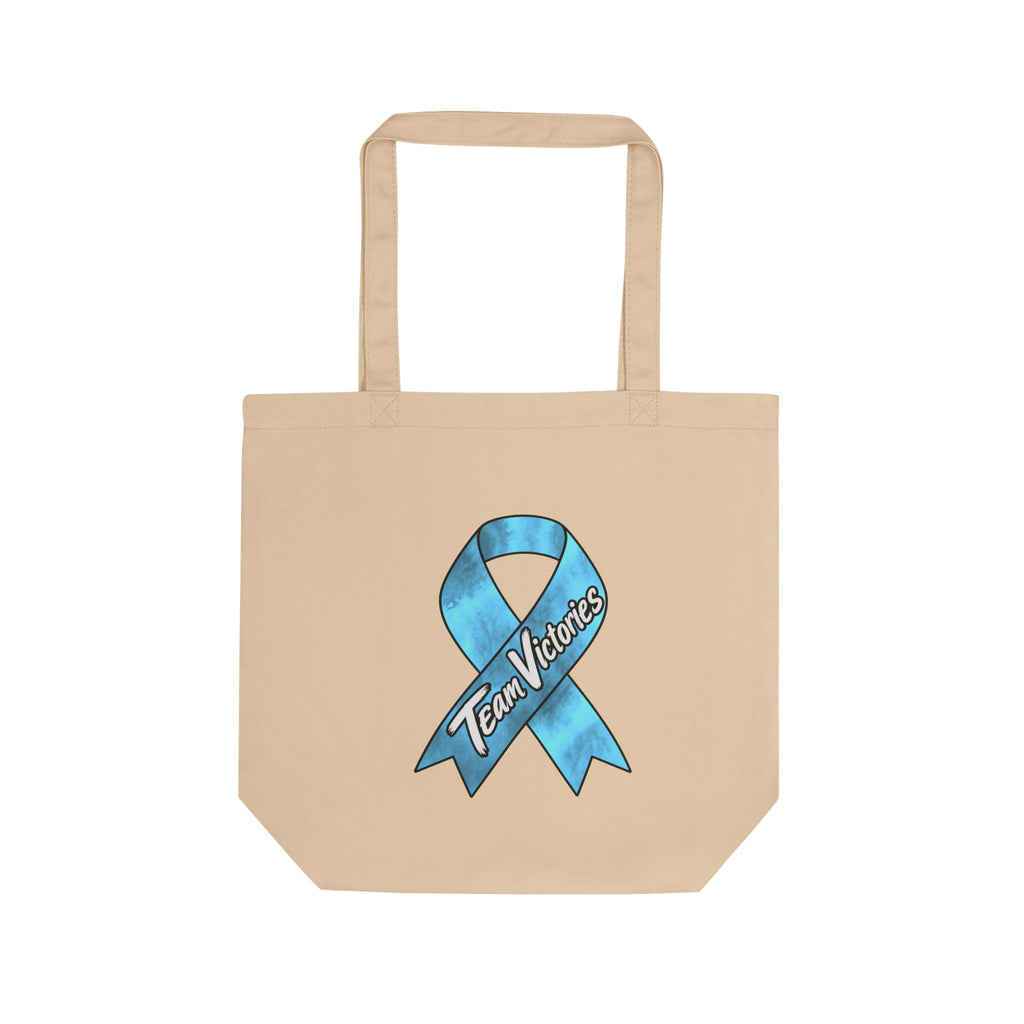 Team Victories natural cotton tote bag featuring blue awareness ribbon artwork