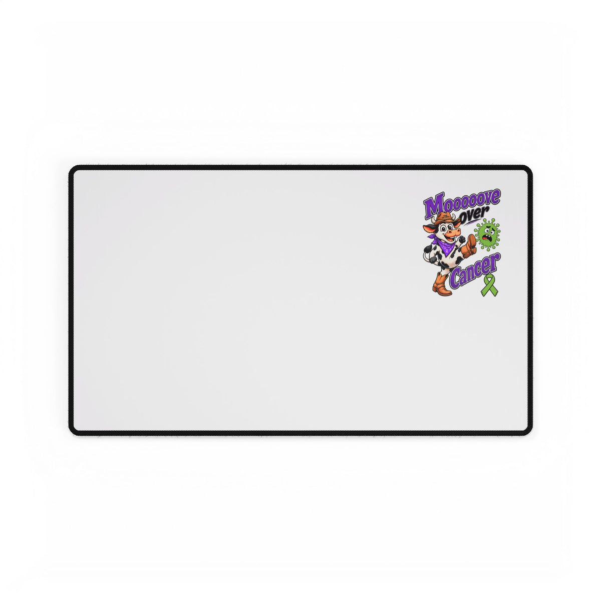 Moooove Over Cancer mouse pad showing playful cow artwork and green awareness ribbon