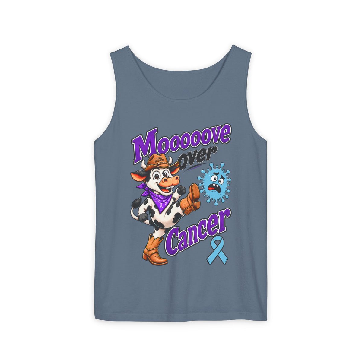 Moooove Over Cancer tank top in slate blue featuring a Prostate Cancer awareness ribbon