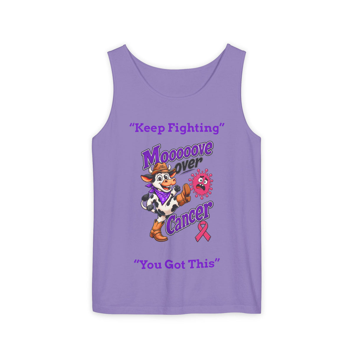 Bright pink Moooove Over Cancer tank top with cowgirl cancer awareness graphic