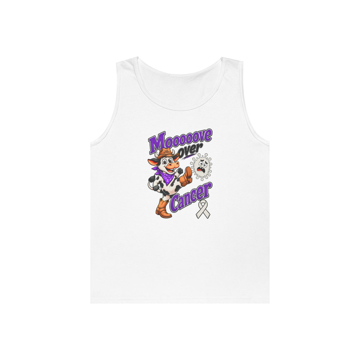 Moooove Over Cancer tank top with Lung Cancer awareness ribbon in white