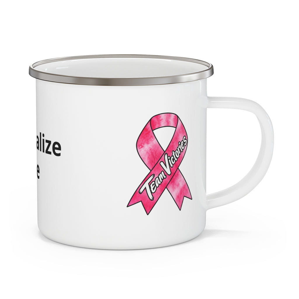 Team Victories enamel camping mug with pink Breast Cancer awareness ribbon design