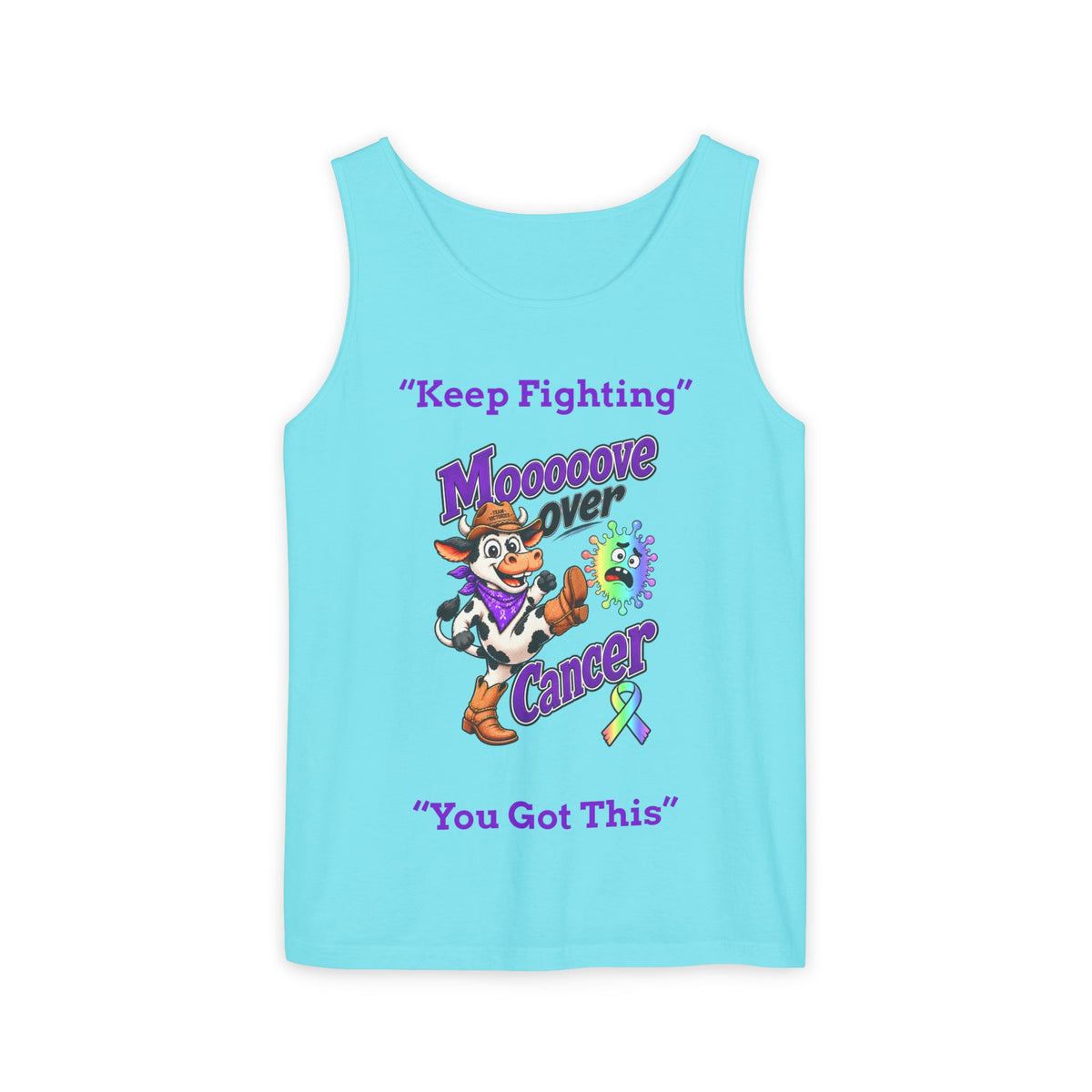 Aqua Moooove Over Cancer tank top featuring Keep Fighting and an all-cancer awareness ribbon