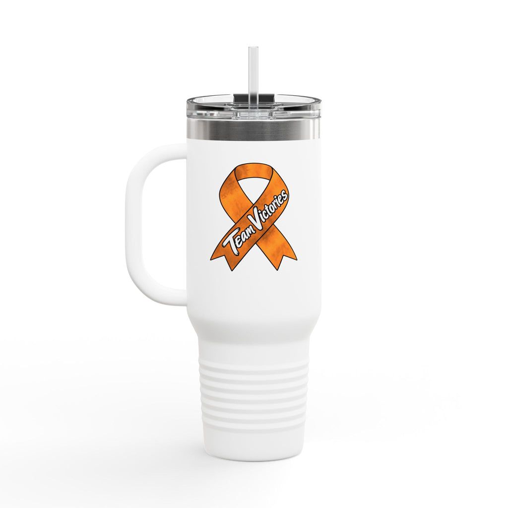 Team Victories orange Leukemia/Kidney Cancer awareness ribbon on a 40 oz travel mug