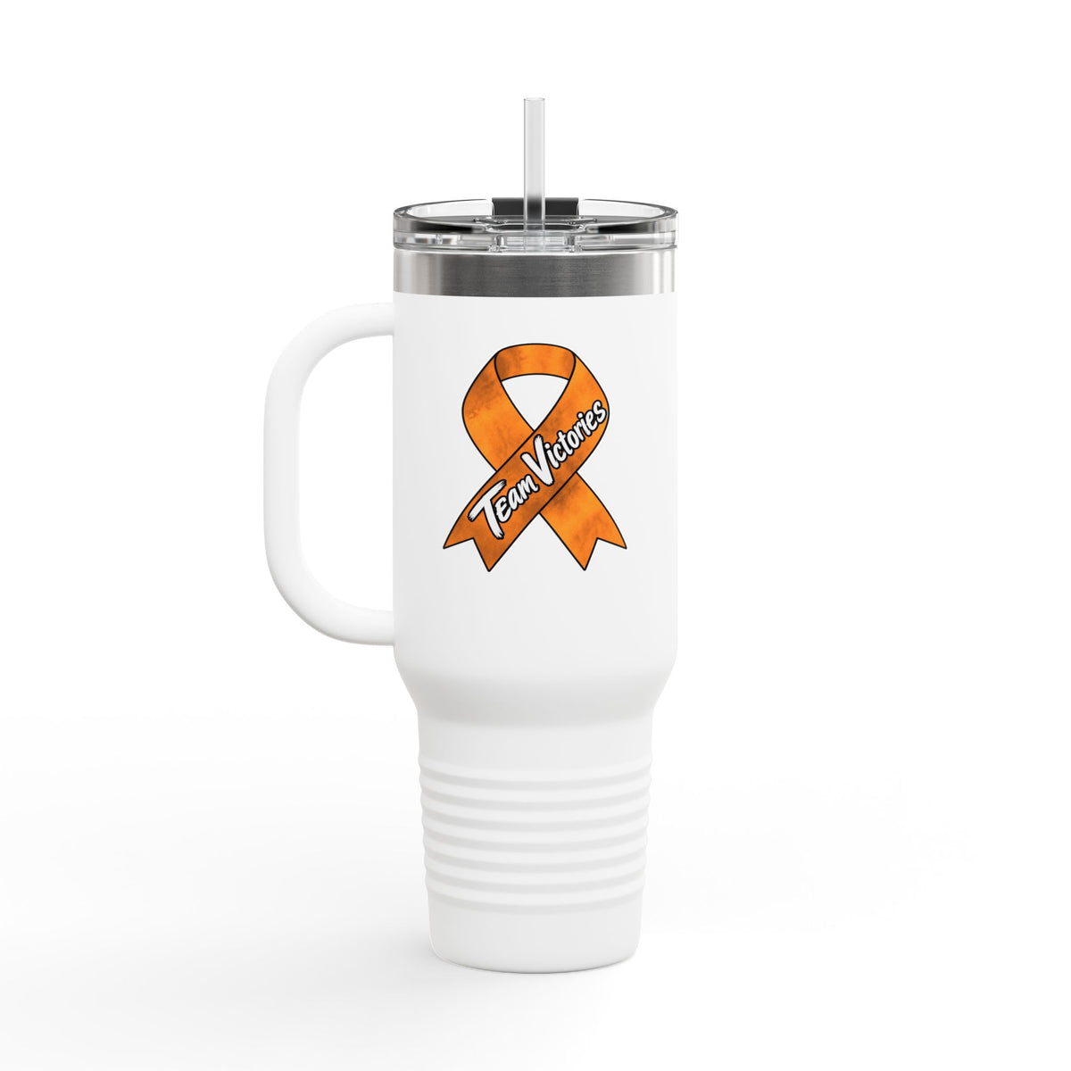 Team Victories orange Leukemia/Kidney Cancer awareness ribbon on a 40 oz travel mug