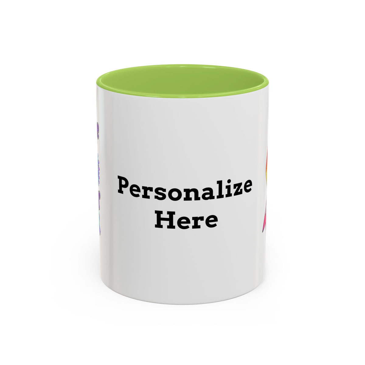Moooove Over Cancer mug back view with green accent interior and handle