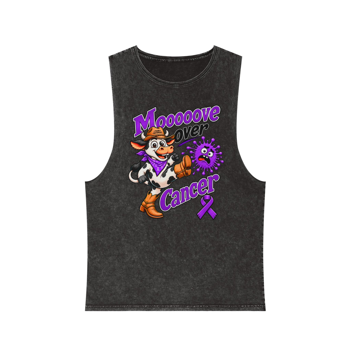 Moooove Over Cancer stonewashed tank top with pancreatic cancer awareness ribbon on black fabric