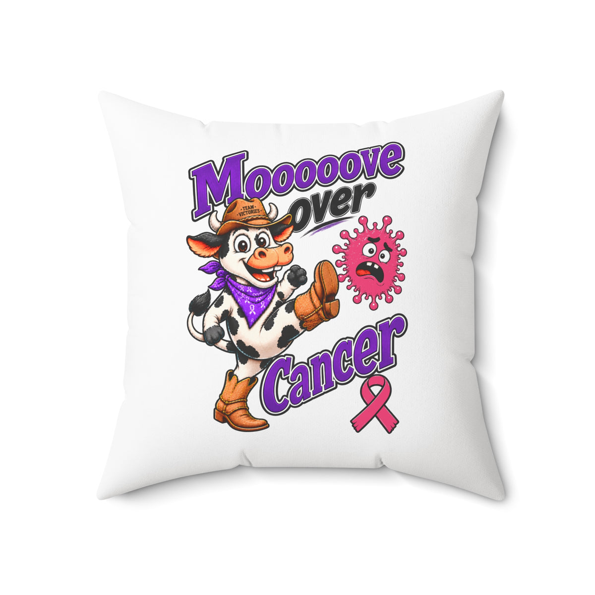 Moooove Over Cancer pillow showing Team Victories artwork and Breast Cancer awareness ribbon