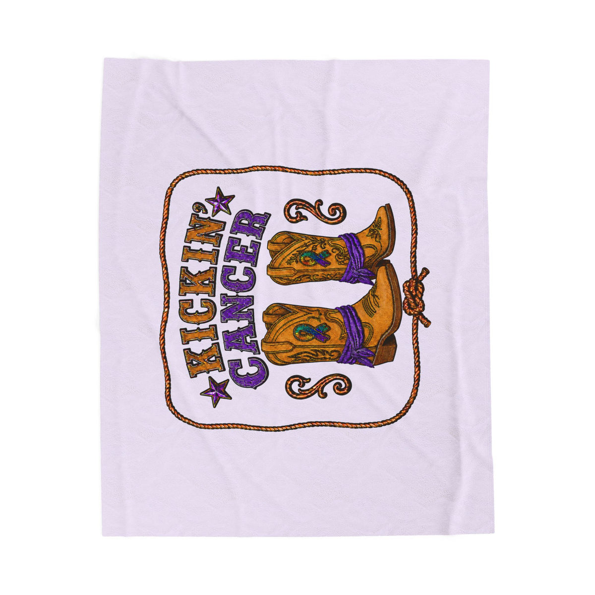 Lavender Kickin' Cancer velveteen blanket shown flat with western boot artwork