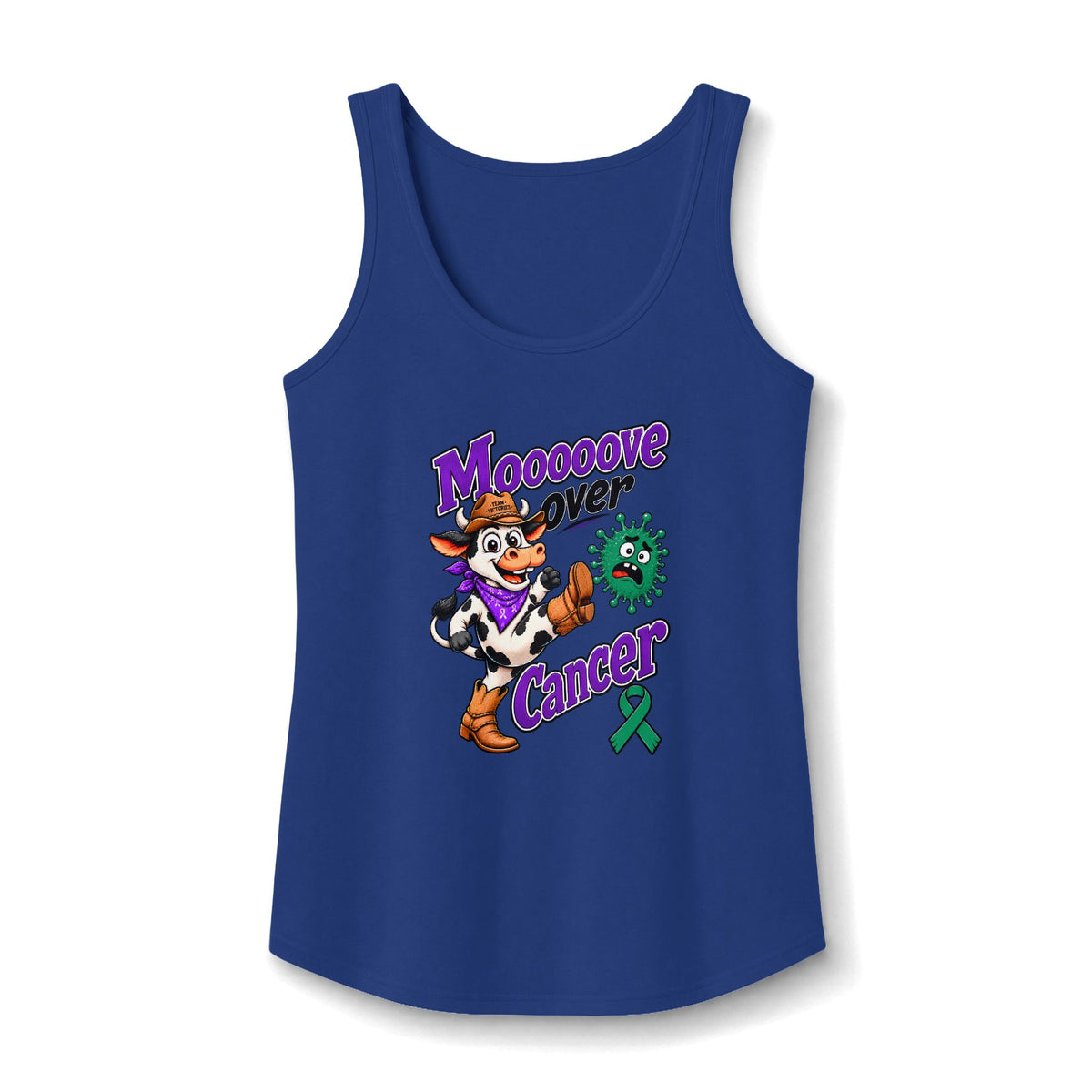 Navy Moooove Over Cancer tank top with cowgirl graphic and Liver Cancer awareness ribbon