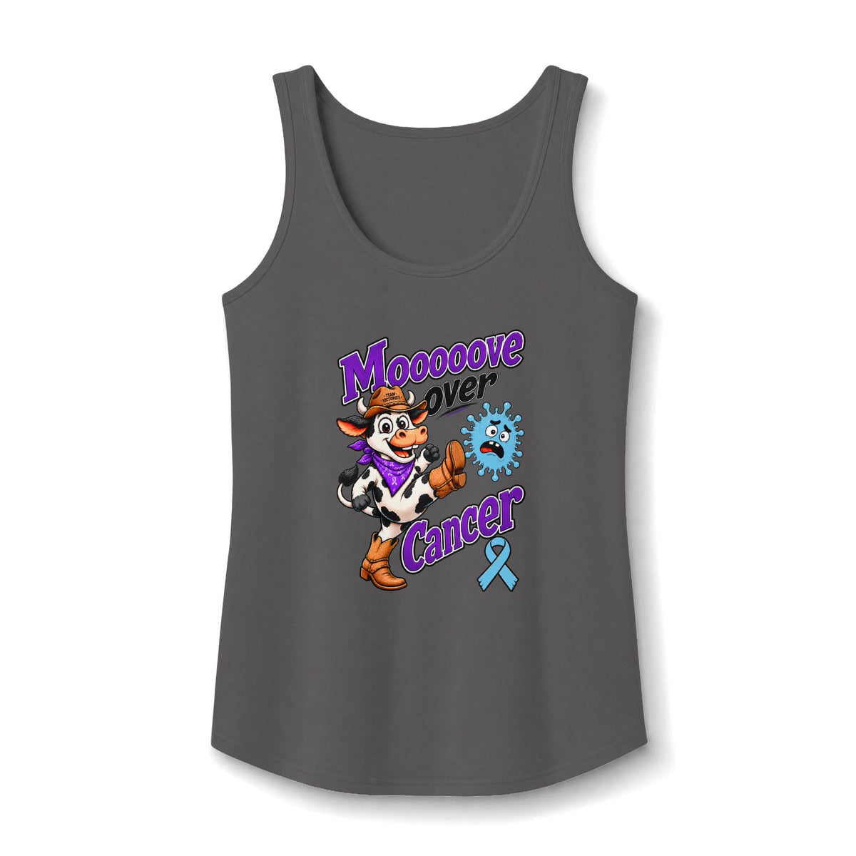 Moooove Over Cancer charcoal tank top with a Prostate Cancer awareness ribbon